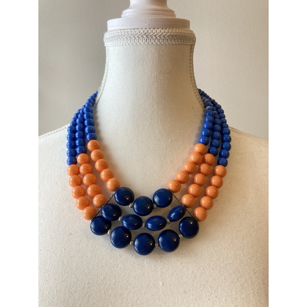 Blue & Orange Multi Strand Beaded Statement Necklace Retro Bold Glam Party